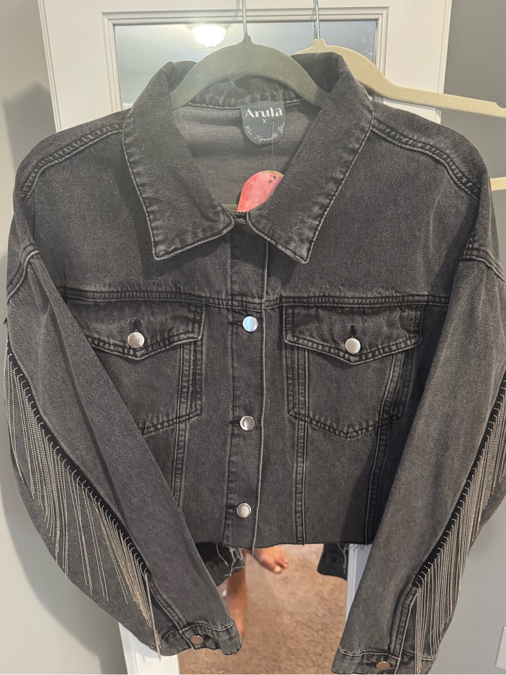 ARULA Black Washed Cropped Denim Jacket with Silver Snaps